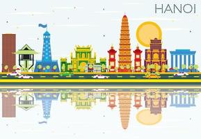 Hanoi Skyline with Color Buildings, Blue Sky and Reflections. vector