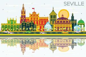 Seville Skyline with Color Buildings, Blue Sky and Reflections. vector