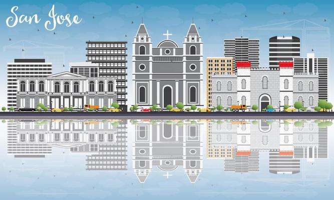 San Jose Skyline with Gray Buildings, Blue Sky and Reflections.