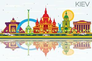 Kiev Skyline with Color Buildings, Blue Sky and Reflections. vector