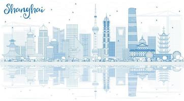 Outline Shanghai Skyline with Blue Buildings and Reflections. vector