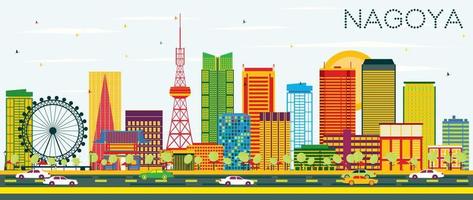 Nagoya Skyline with Color Buildings and Blue Sky. vector