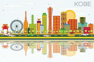 Kobe Skyline with Color Buildings, Blue Sky and Reflections. vector