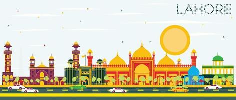 Lahore Skyline with Color Landmarks and Blue Sky. vector