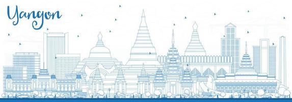 delinear el horizonte de yangon con edificios azules. vector