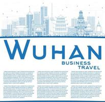 Outline Wuhan Skyline with Blue Buildings and Copy Space. vector