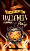 Halloween Party Flyer with Pumpkin and Fire Flames. vector