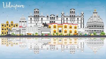 Udaipur Skyline with Color Buildings, Blue Sky and Reflections. vector