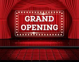 Grand Opening. Open Red Curtains with Neon Lights. vector