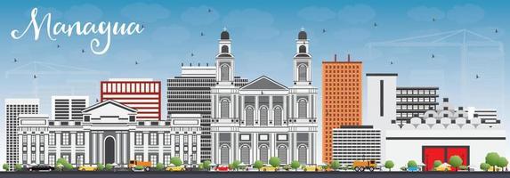 Managua Skyline with Gray Buildings and Blue Sky. vector