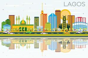 Lagos Skyline with Color Buildings, Blue Sky and Reflections. vector