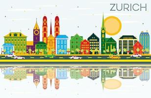 Zurich Skyline with Color Buildings, Blue Sky and Reflections. vector