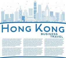 Outline Hong Kong Skyline with Blue Buildings and Copy Space. vector