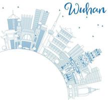 Outline Wuhan Skyline with Blue Buildings and Copy Space. vector