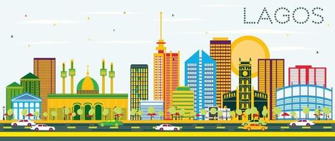 Lagos Skyline with Color Buildings and Blue Sky. vector