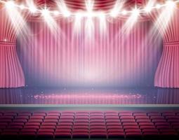 Open Red Curtains with Seats and Neon Spotlights. vector