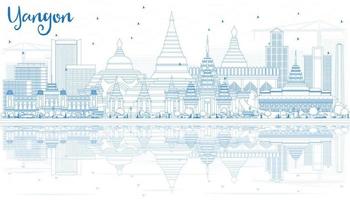 Outline Yangon Skyline with Blue Buildings and Reflections. vector