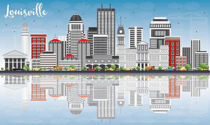 Louisville Skyline with Gray Buildings, Blue Sky and Reflections.