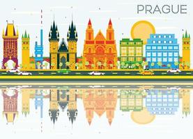 Prague Skyline with Color Buildings, Blue Sky and Reflections. vector