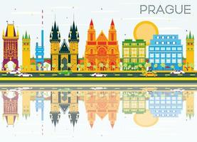 Prague Skyline with Color Buildings, Blue Sky and Reflections. vector