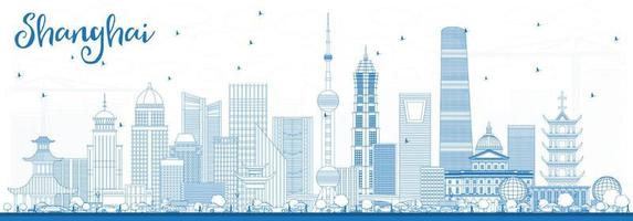 Outline Shanghai Skyline with Blue Buildings. vector