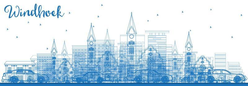 Outline Windhoek Skyline with Blue Buildings.