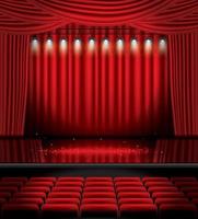 telón de escenario rojo con focos, asientos y espacio para copiar. vector