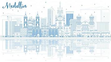 Outline Medellin Skyline with Blue Buildings and Reflections. vector