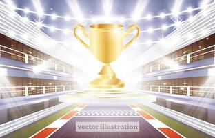 Race Track Arena with Spotlights, Finish Line and Golden Cup. vector