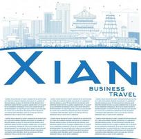 Outline Xian Skyline with Blue Buildings and Copy Space. vector