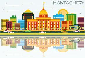 Montgomery Skyline with Color Buildings, Blue Sky and Reflections. vector