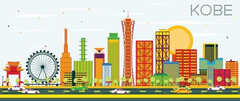 Kobe Skyline with Color Buildings and Blue Sky. vector