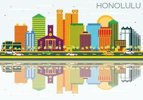 Honolulu Skyline with Color Buildings, Blue Sky and Reflections. vector