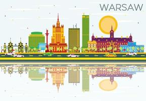 Warsaw Skyline with Color Buildings, Blue Sky and Reflections. vector