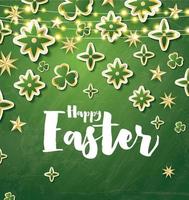 Happy Easter Card with Green Flowers and Neon Lights. vector