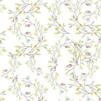 Watercolor Pattern with Leaves and Oak Acorn on White Background. vector