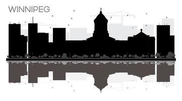 Silueta en blanco y negro del horizonte de la ciudad de winnipeg con reflejos. vector