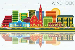 Windhoek Skyline with Color Buildings, Blue Sky and Reflections. vector