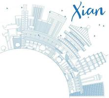 Outline Xian Skyline with Blue Buildings and Copy Space. vector