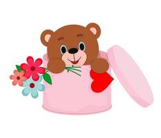 Vector illustration. Cute teddy bear in a box with flowers. Valentine s day