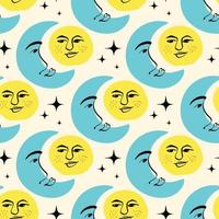 Sun and moon pattern. Freaky quirky pattern with sun and moon. illustration in doodle style vector