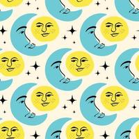 Sun and moon pattern. Freaky quirky pattern with sun and moon. illustration in doodle style vector