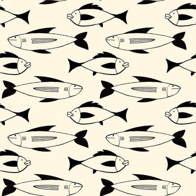 Pattern of Freaky quirky fishes in modern doodle style. Vector illustration