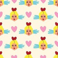 fancy angels and heart Valentines Day pattern. Illustration in a doodle style vector