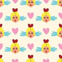 fancy angels and heart Valentines Day pattern. Illustration in a doodle style vector