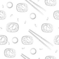 Seamless pattern with sushi roll. Asian food. Black and white pattern with sushi roll. vector