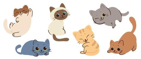 conjunto de vectores de garabatos de gato lindo y sonriente. adorable gato o colección de diseño de personajes de gatito esponjoso con color plano, diferentes poses sobre fondo blanco. ilustración de diseño para pegatina, cómic, impresión.