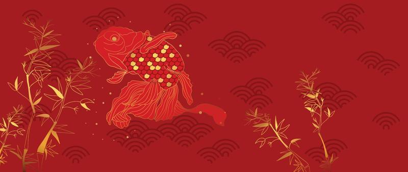 Happy Chinese new year luxury style pattern background vector. Golden bamboo and goldfish on chinese pattern red background. Design illustration for wallpaper, card, poster, packaging, advertising.
