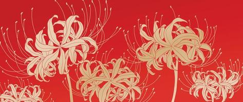 Happy Chinese new year luxury style pattern background vector. Oriental elegant golden spider lily flower on red background. Design illustration for wallpaper, card, poster, packaging, advertising. vector