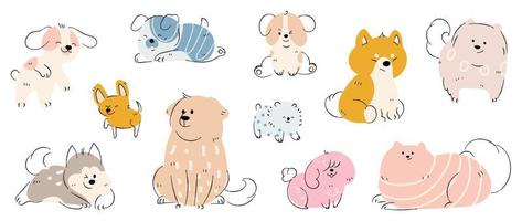 conjunto de vectores de perros lindos. encantador patrón de garabatos de perros y cachorros en diferentes poses, razas, shiba, labrador, chihuahua con color plano. adorables personajes de mascotas colección dibujada a mano sobre fondo blanco.